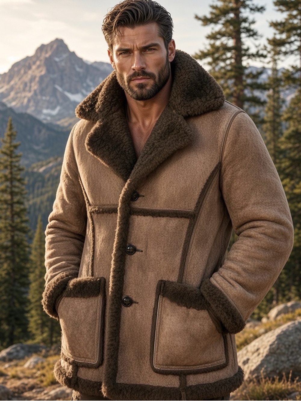 Schott NYC Brown Shearling-Trim Suede Pea Coat Buffalo??  42